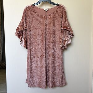 Umgee Mini Dress Tunic Med Velvet Short Flutter Sleeve Dusty Pink Leaves Boho